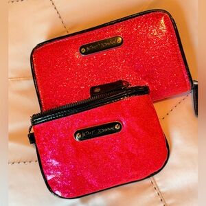 Betsey Johnson Fuchsia Glitter Wallet and Small card holder with key ring